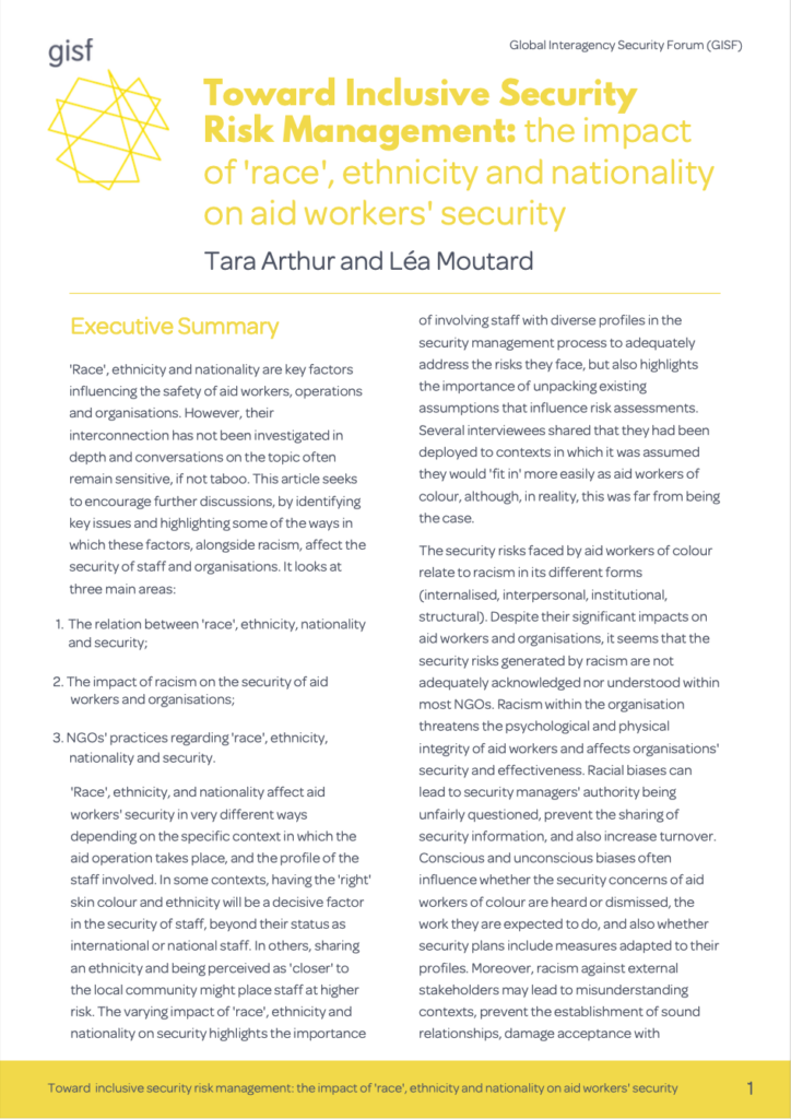 Image for Toward Inclusive Security: the impact of ‘race’, ethnicity and nationality on aid workers’ security